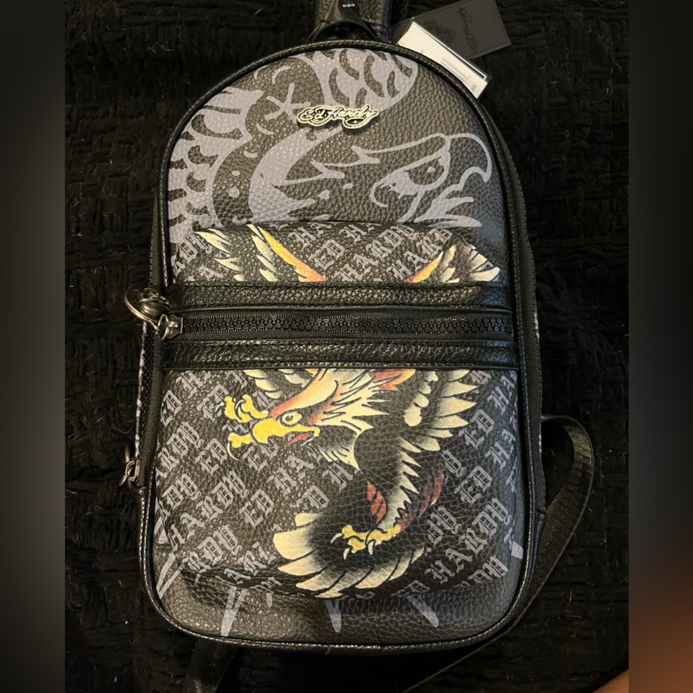 Ed Hardy Black Sling Bag with Yellow & Red Eagle Graphic